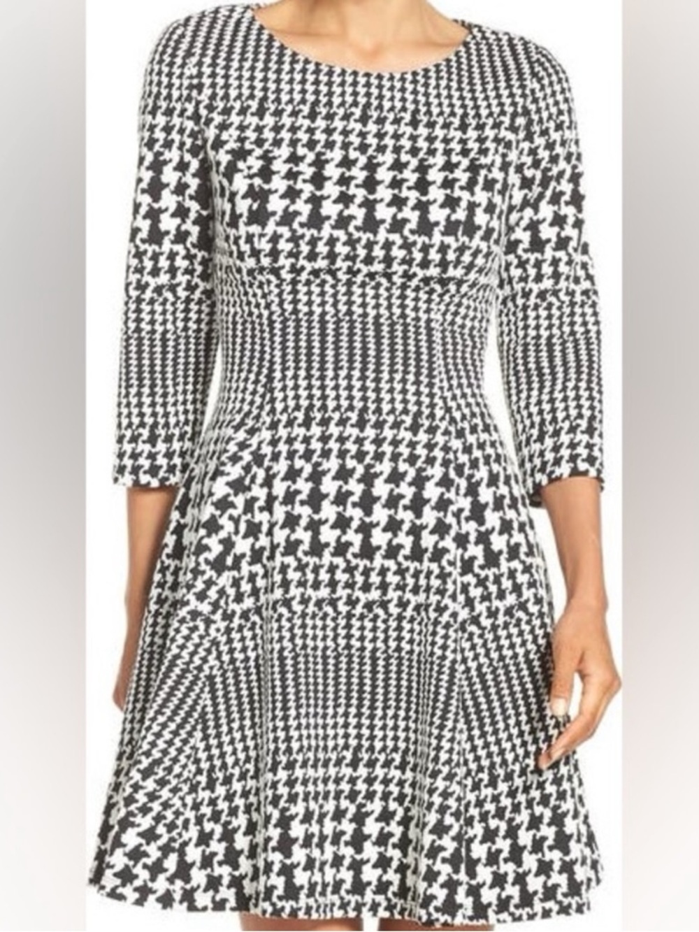 Eliza J Classic Houndstooth Knee Length Dress Ponte Knit Fit & Flare, Size 6